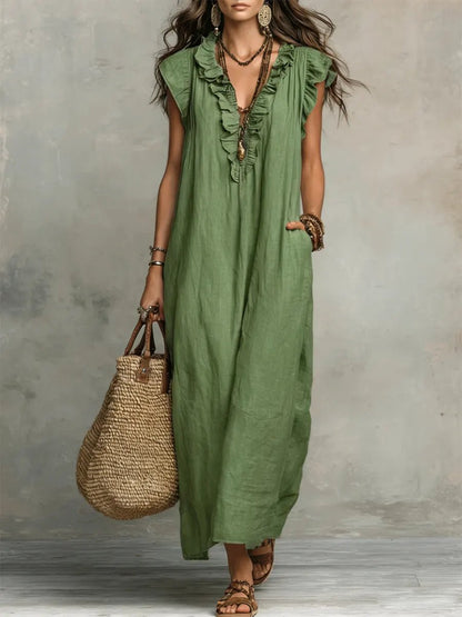Tiered Linen V-Neck Maxi Dress with Frill Sleeves