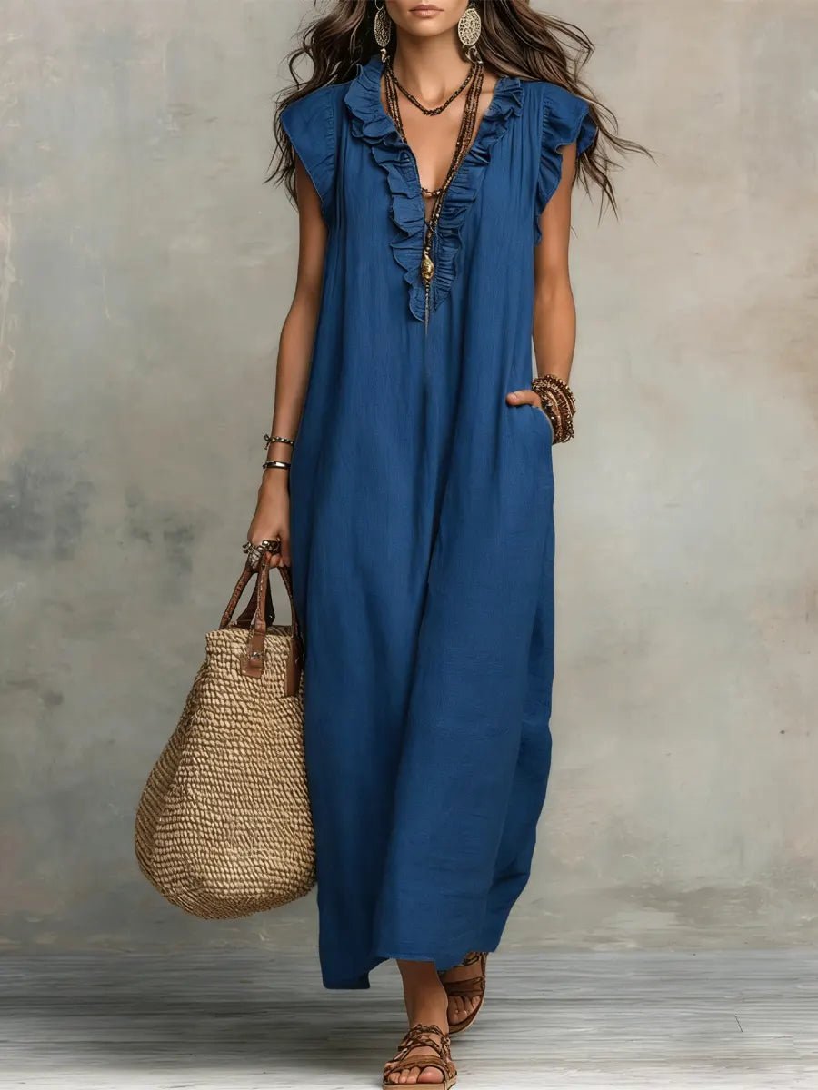 Tiered Linen V-Neck Maxi Dress with Frill Sleeves