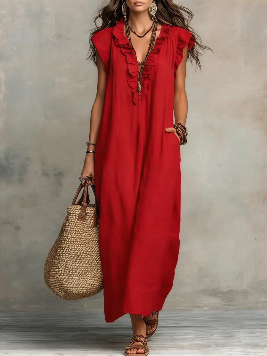 Tiered Linen V-Neck Maxi Dress with Frill Sleeves