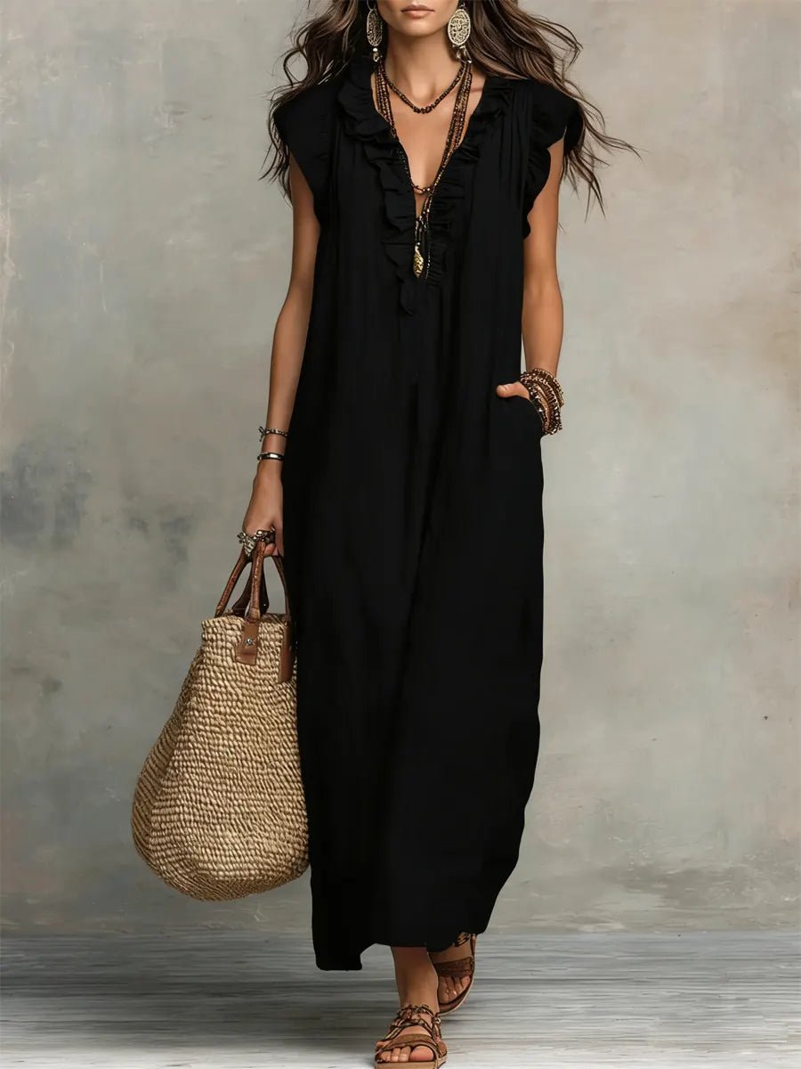Tiered Linen V-Neck Maxi Dress with Frill Sleeves