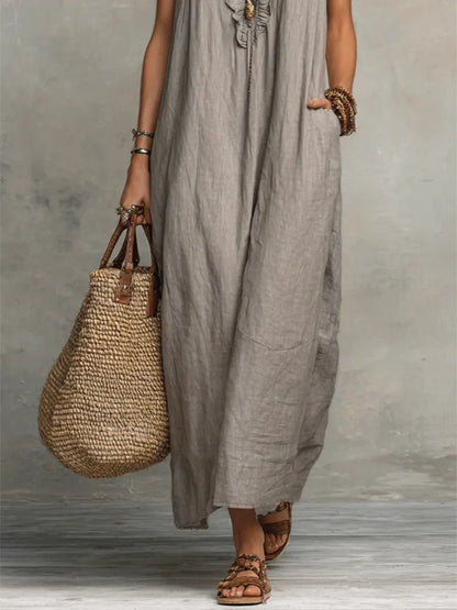 Tiered Linen V-Neck Maxi Dress with Frill Sleeves