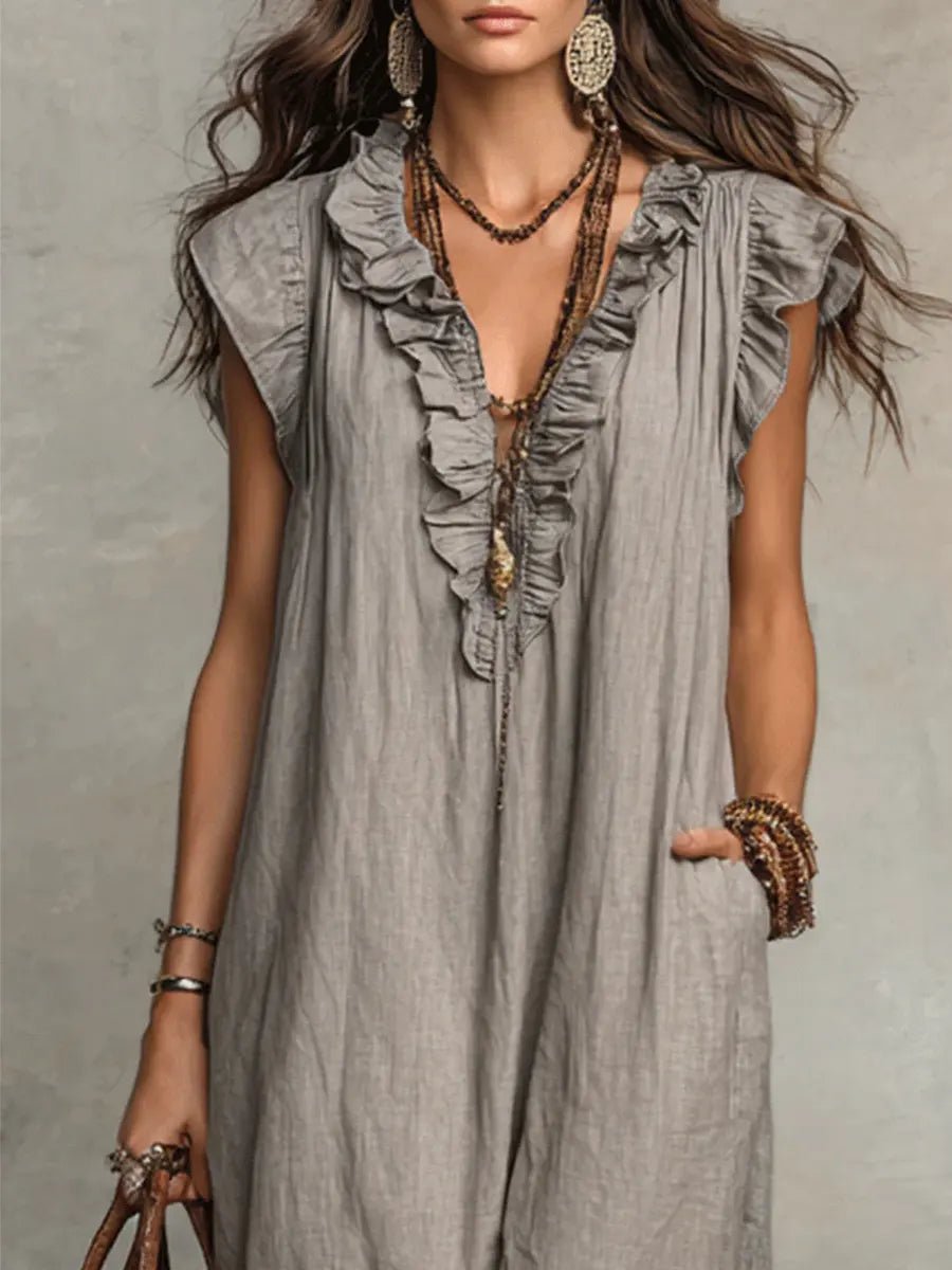 Tiered Linen V-Neck Maxi Dress with Frill Sleeves