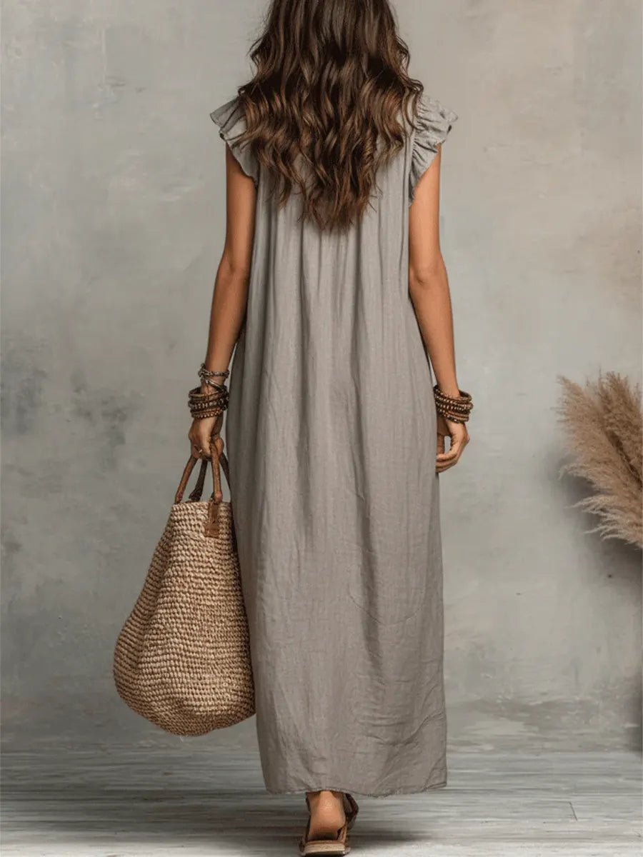 Tiered Linen V-Neck Maxi Dress with Frill Sleeves