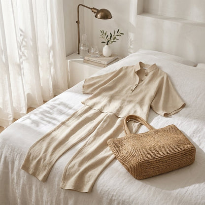 Mandarin Collar Linen Co-ord with Kimono Sleeves
