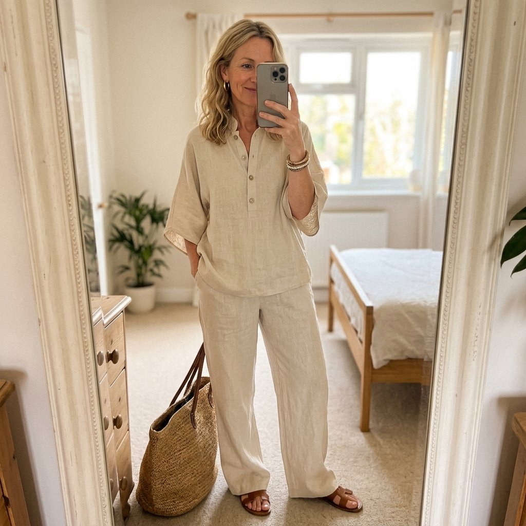 Mandarin Collar Linen Co-ord with Kimono Sleeves