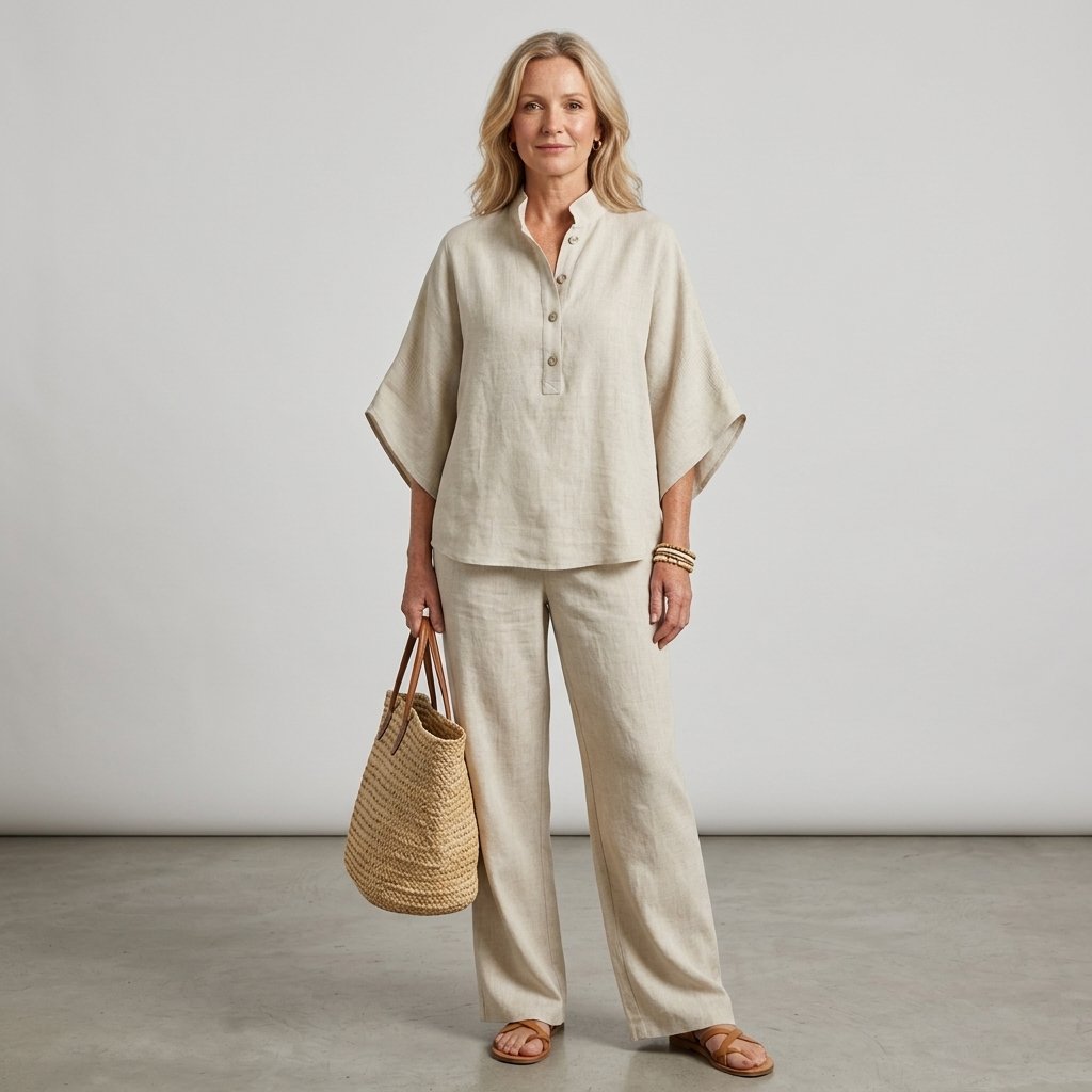 Mandarin Collar Linen Co-ord with Kimono Sleeves