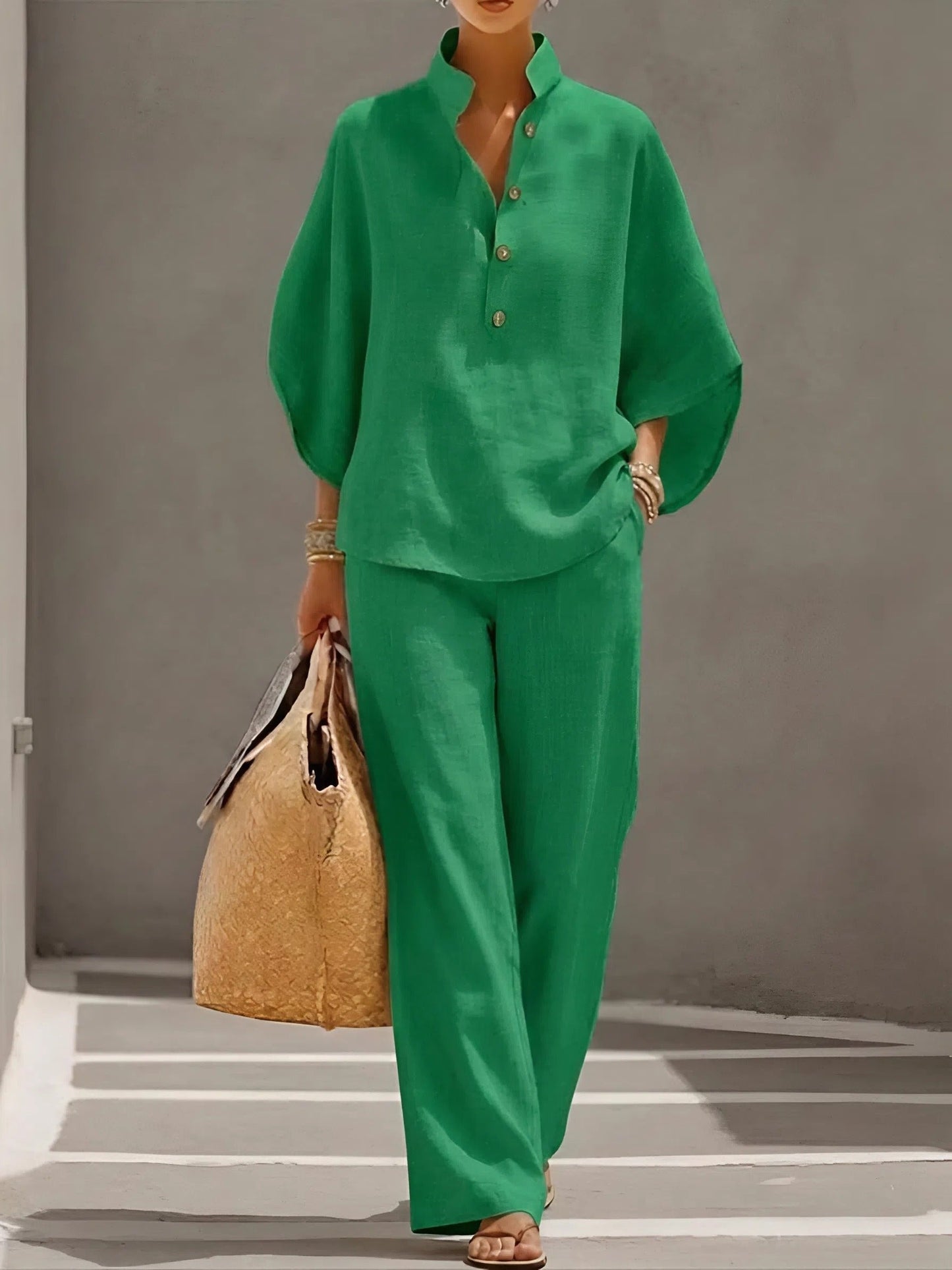 Mandarin Collar Linen Co-ord with Kimono Sleeves