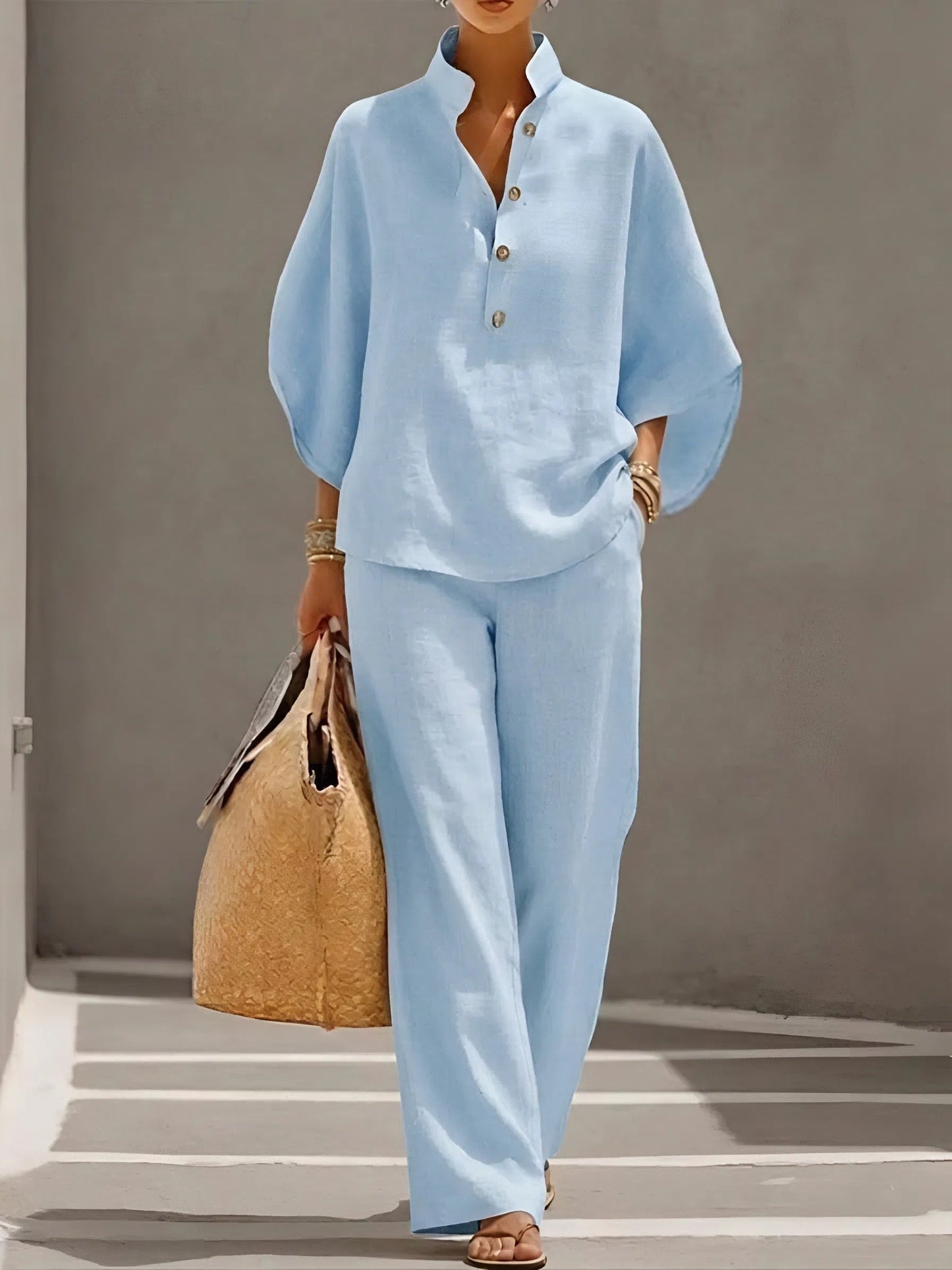 Mandarin Collar Linen Co-ord with Kimono Sleeves