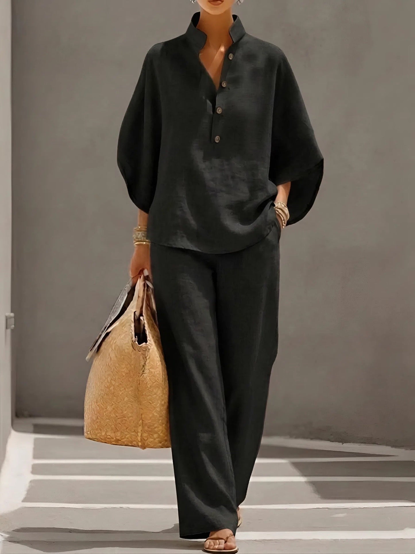 Mandarin Collar Linen Co-ord with Kimono Sleeves