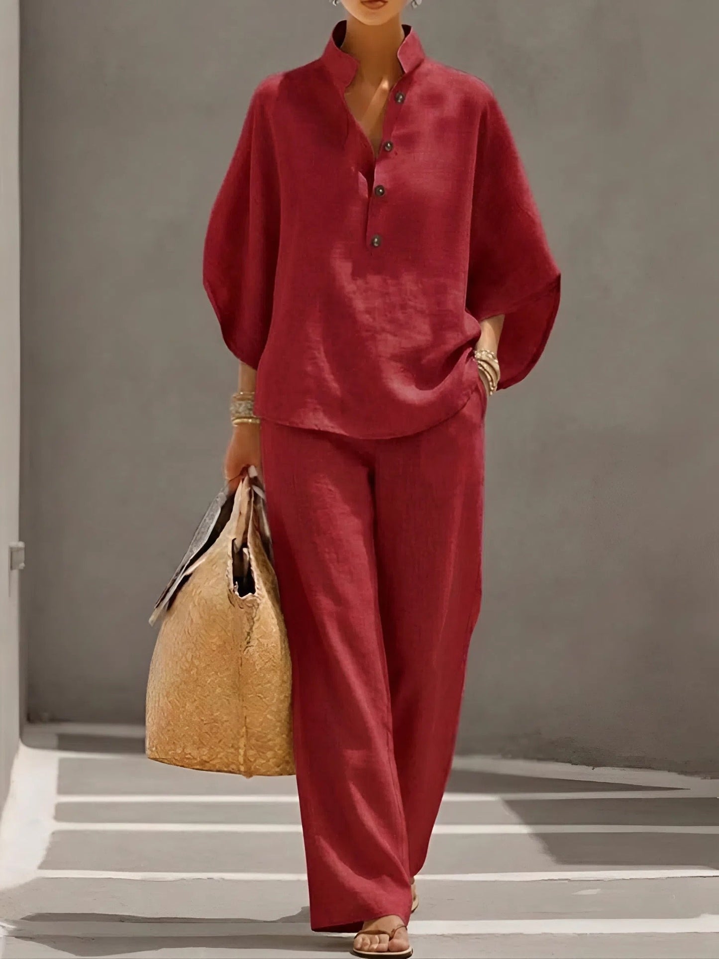 Mandarin Collar Linen Co-ord with Kimono Sleeves