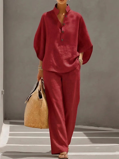 Mandarin Collar Linen Co-ord with Kimono Sleeves