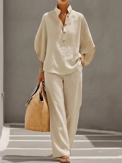 Mandarin Collar Linen Co-ord with Kimono Sleeves