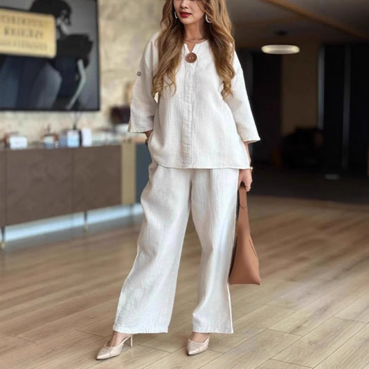 3/4-Sleeve Tunic and Palazzo Trousers Two-Piece Set