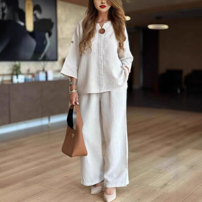 3/4-Sleeve Tunic and Palazzo Trousers Two-Piece Set