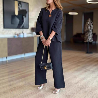 3/4-Sleeve Tunic and Palazzo Trousers Two-Piece Set