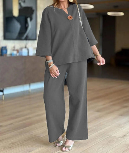 3/4-Sleeve Tunic and Palazzo Trousers Two-Piece Set