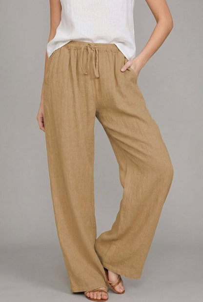 Relaxed Linen Drawstring Wide-Leg Pants