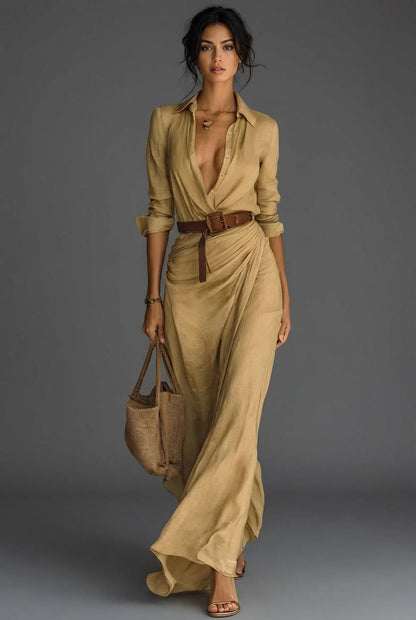 Women's Long Sleeve Collared Linen Wrap Maxi Dress