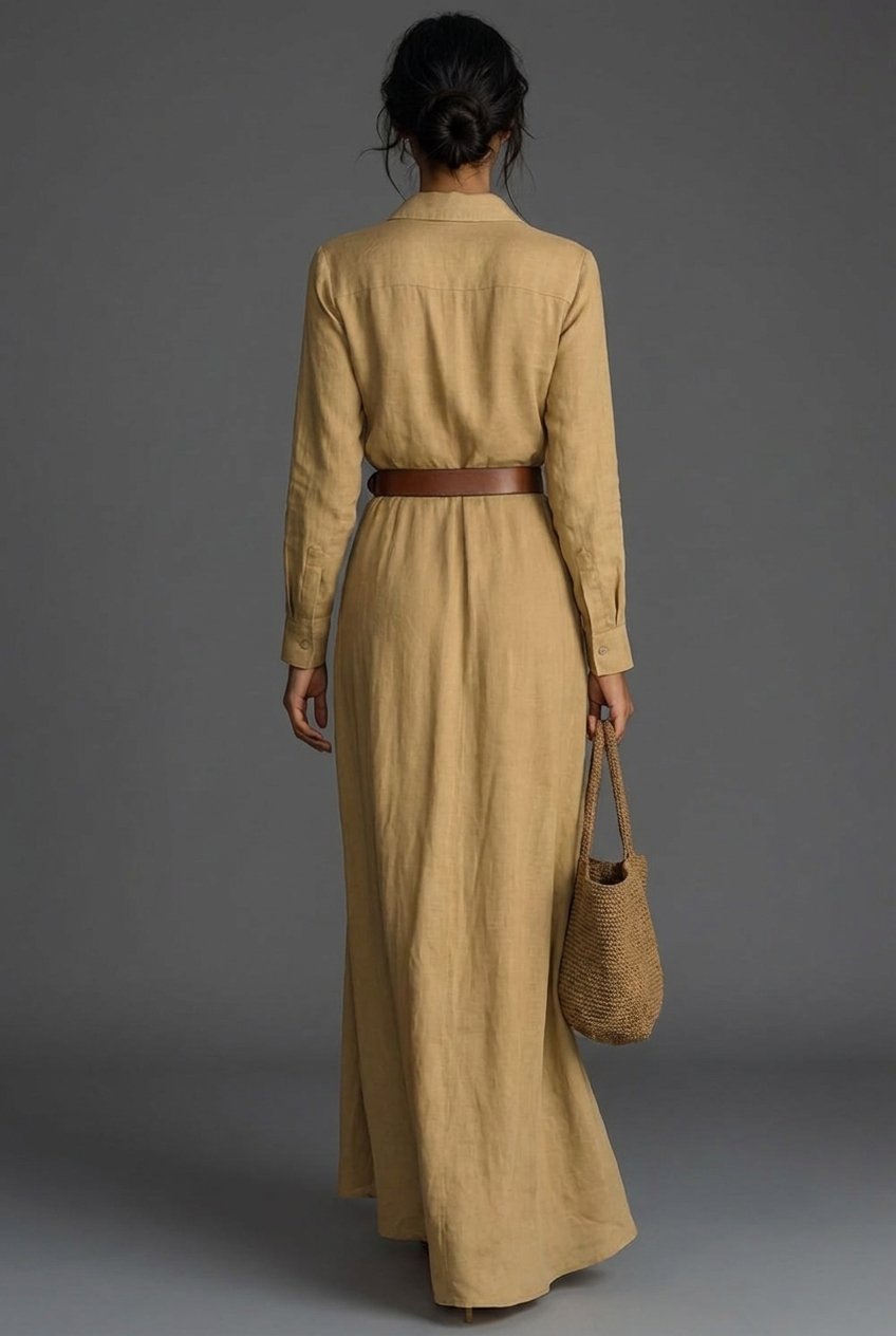Women's Long Sleeve Collared Linen Wrap Maxi Dress