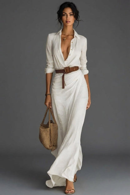 Women's Long Sleeve Collared Linen Wrap Maxi Dress