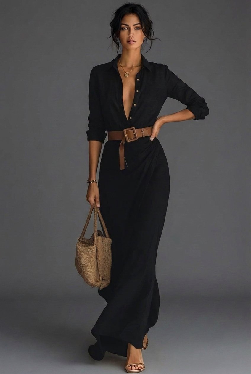 Women's Long Sleeve Collared Linen Wrap Maxi Dress