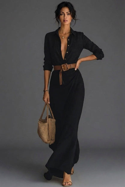 Women's Long Sleeve Collared Linen Wrap Maxi Dress