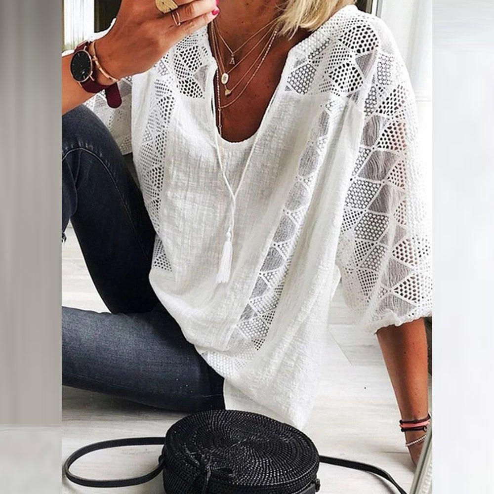 Women's Bohemian 3/4 Sleeve Crochet Trim Blouse