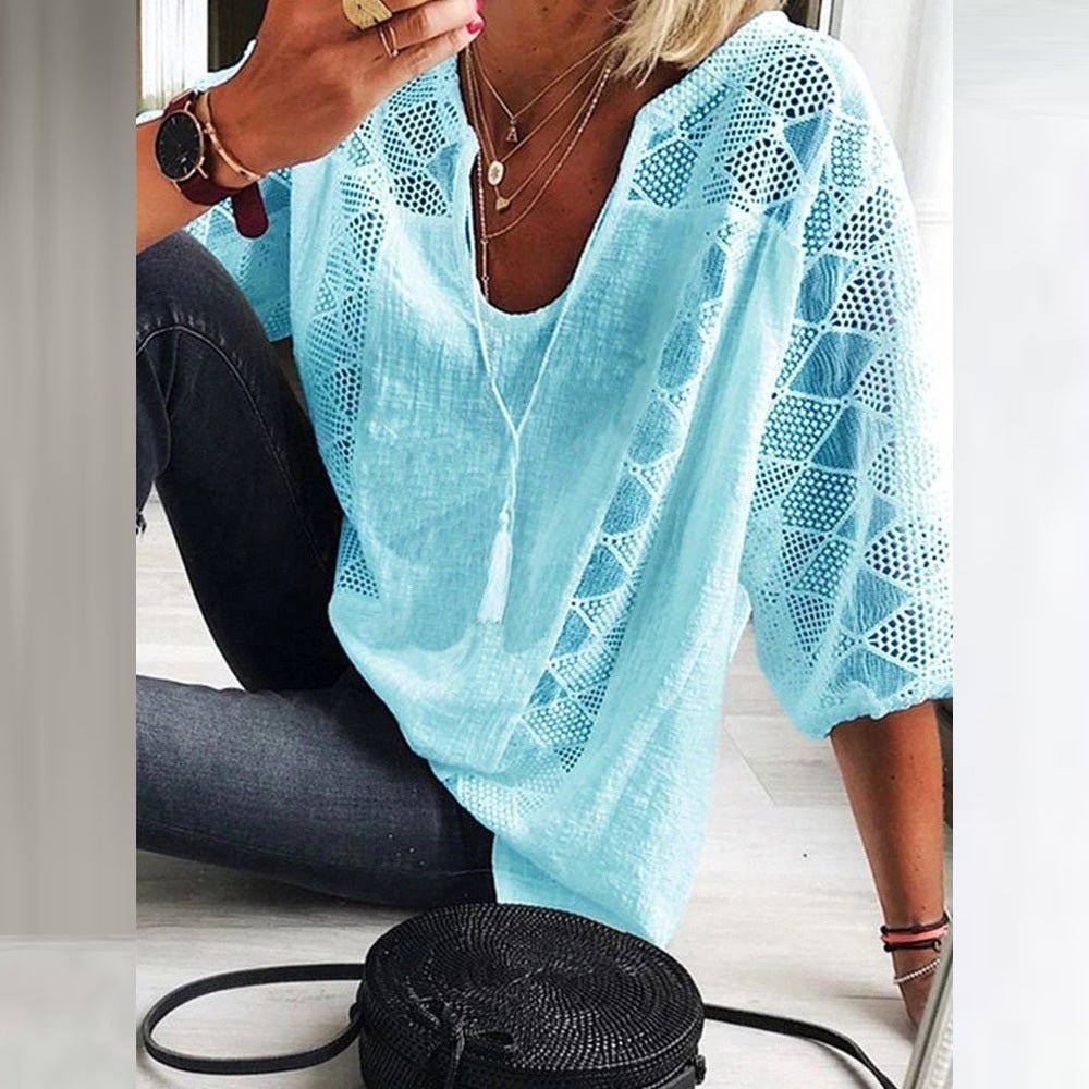 Women's Bohemian 3/4 Sleeve Crochet Trim Blouse