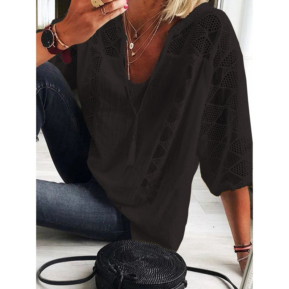 Women's Bohemian 3/4 Sleeve Crochet Trim Blouse