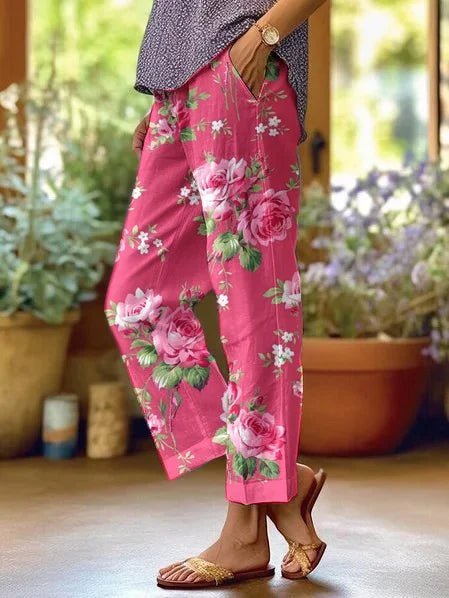 Floral Relaxed-Fit Wide Leg Trousers with Pockets
