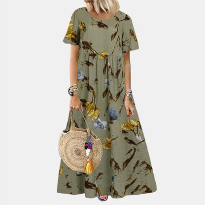 Women's Short-Sleeve A-Line Floral Maxi Dress
