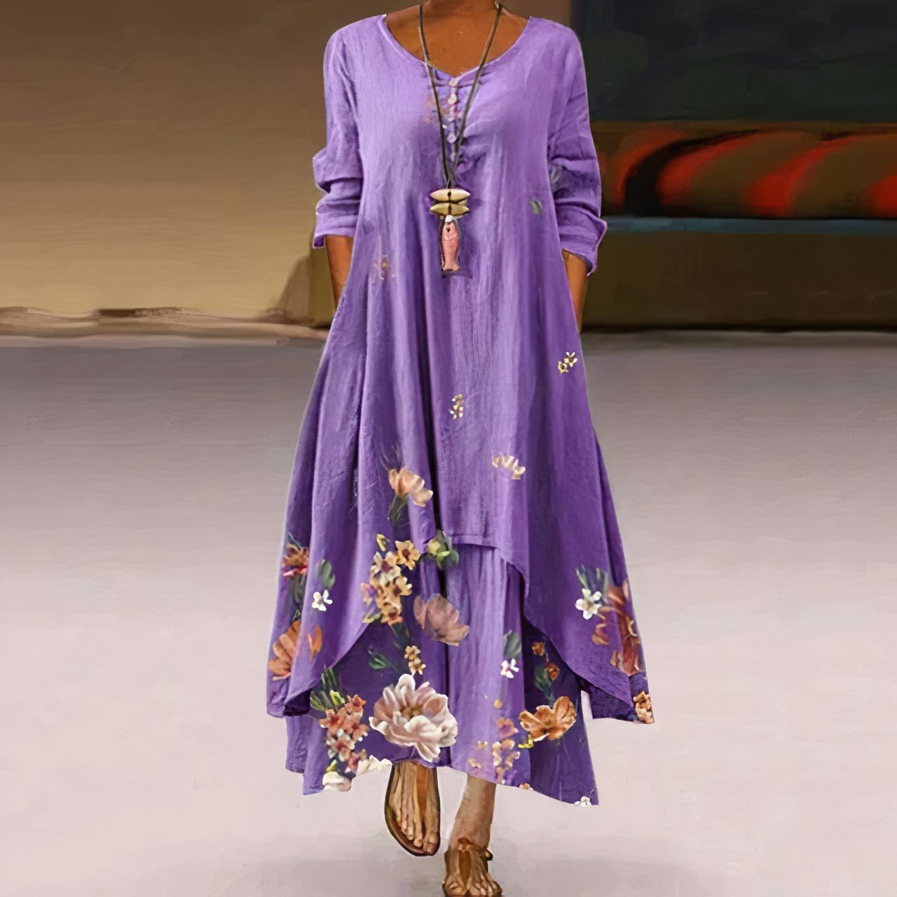 Botanical Hem Long Sleeve Maxi Dress