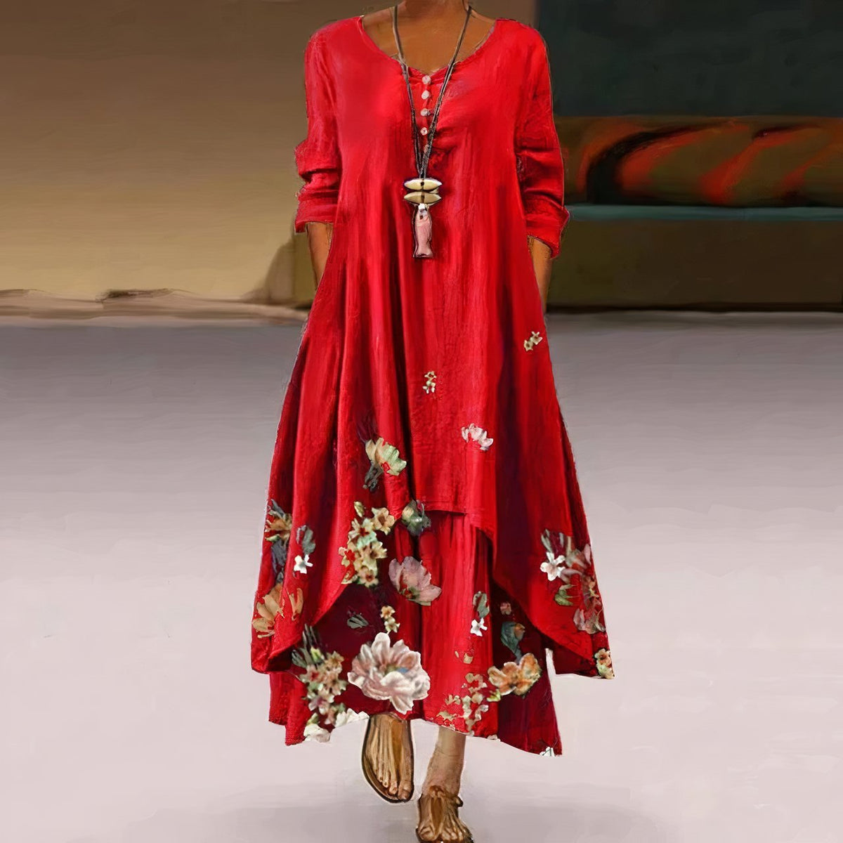 Botanical Hem Long Sleeve Maxi Dress