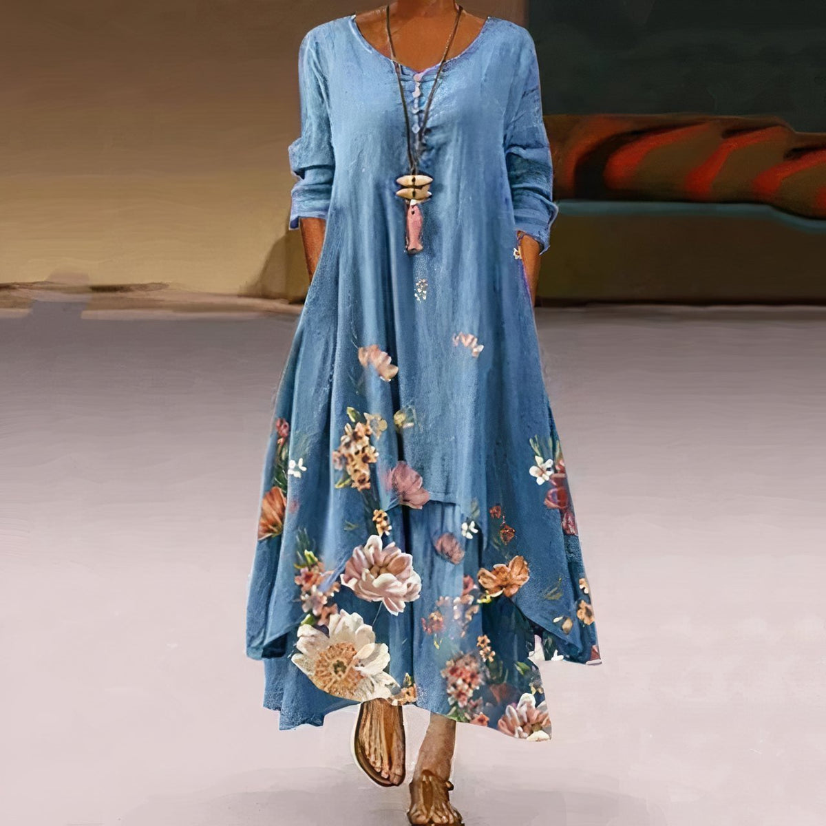 Botanical Hem Long Sleeve Maxi Dress