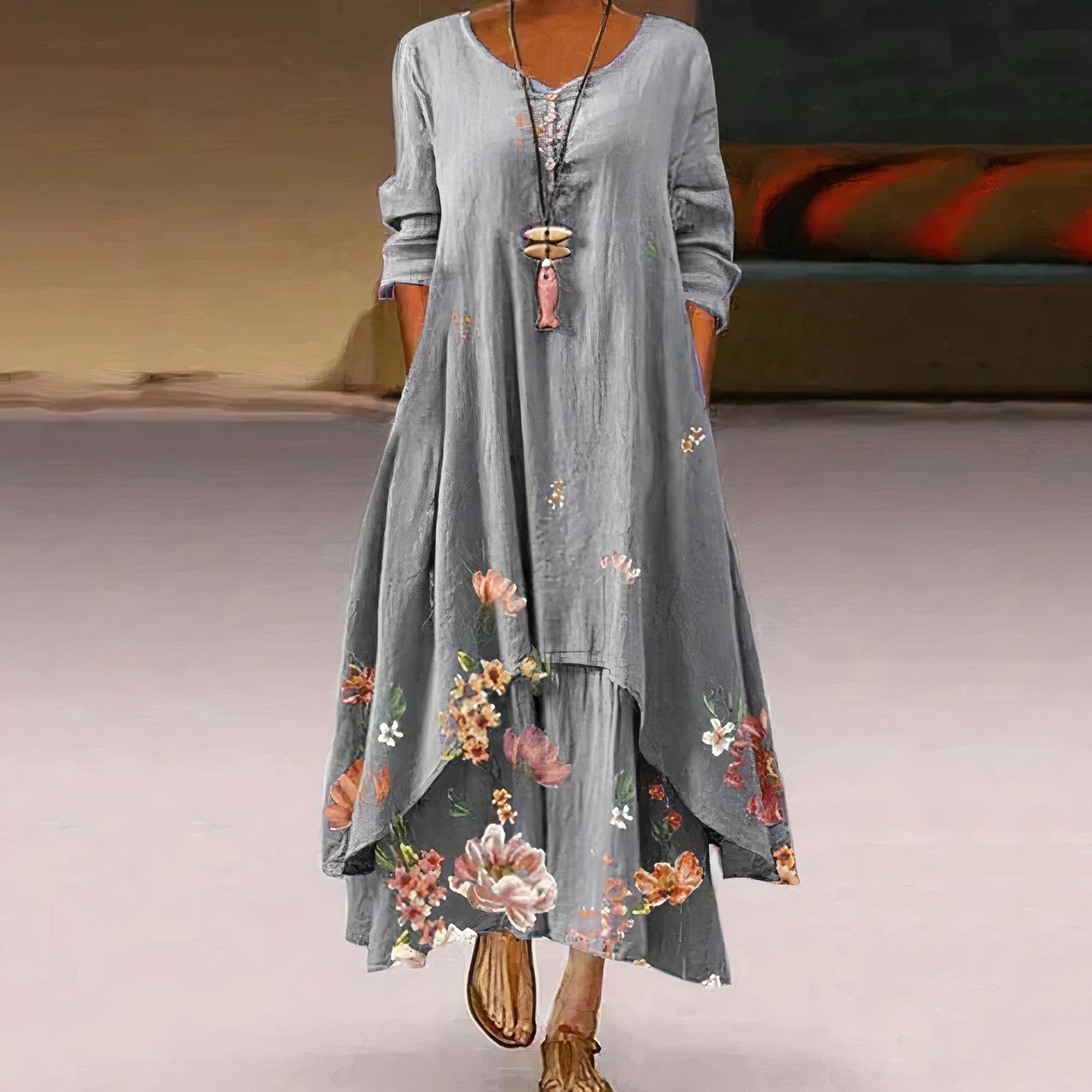 Botanical Hem Long Sleeve Maxi Dress
