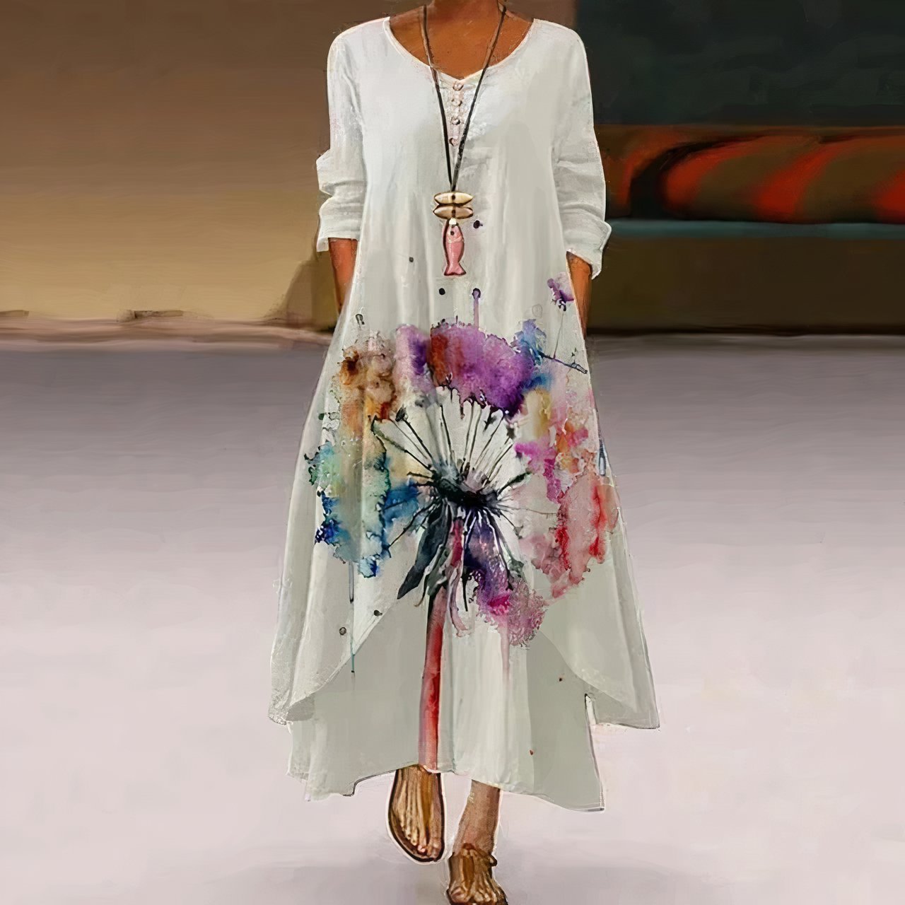 Botanical Hem Long Sleeve Maxi Dress