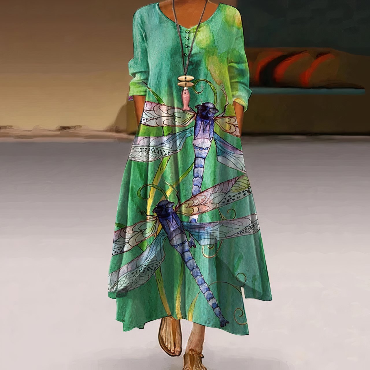 Botanical Hem Long Sleeve Maxi Dress
