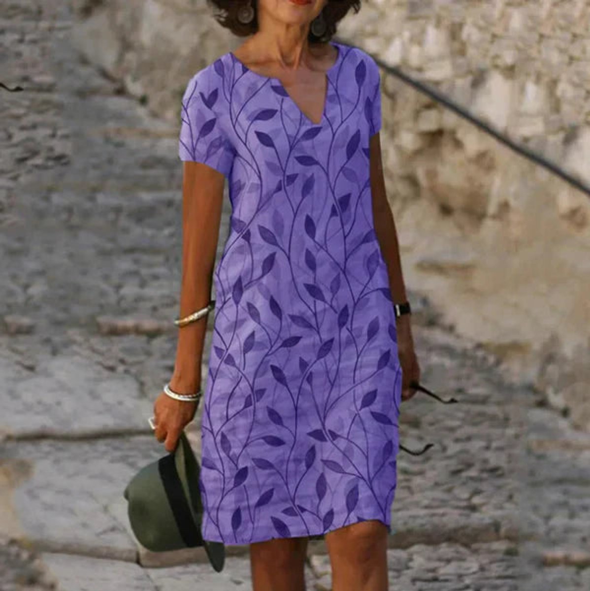 Mint Green Leaf Print Short Sleeve Summer Dress