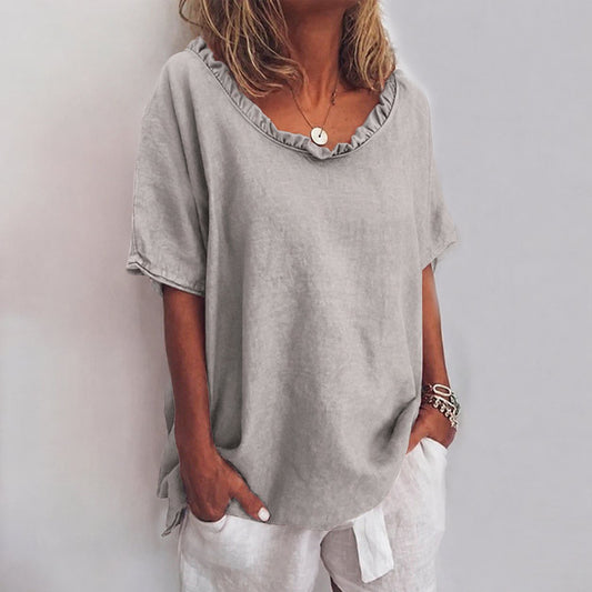 Cotton Ruffle Trim Short Sleeve Top