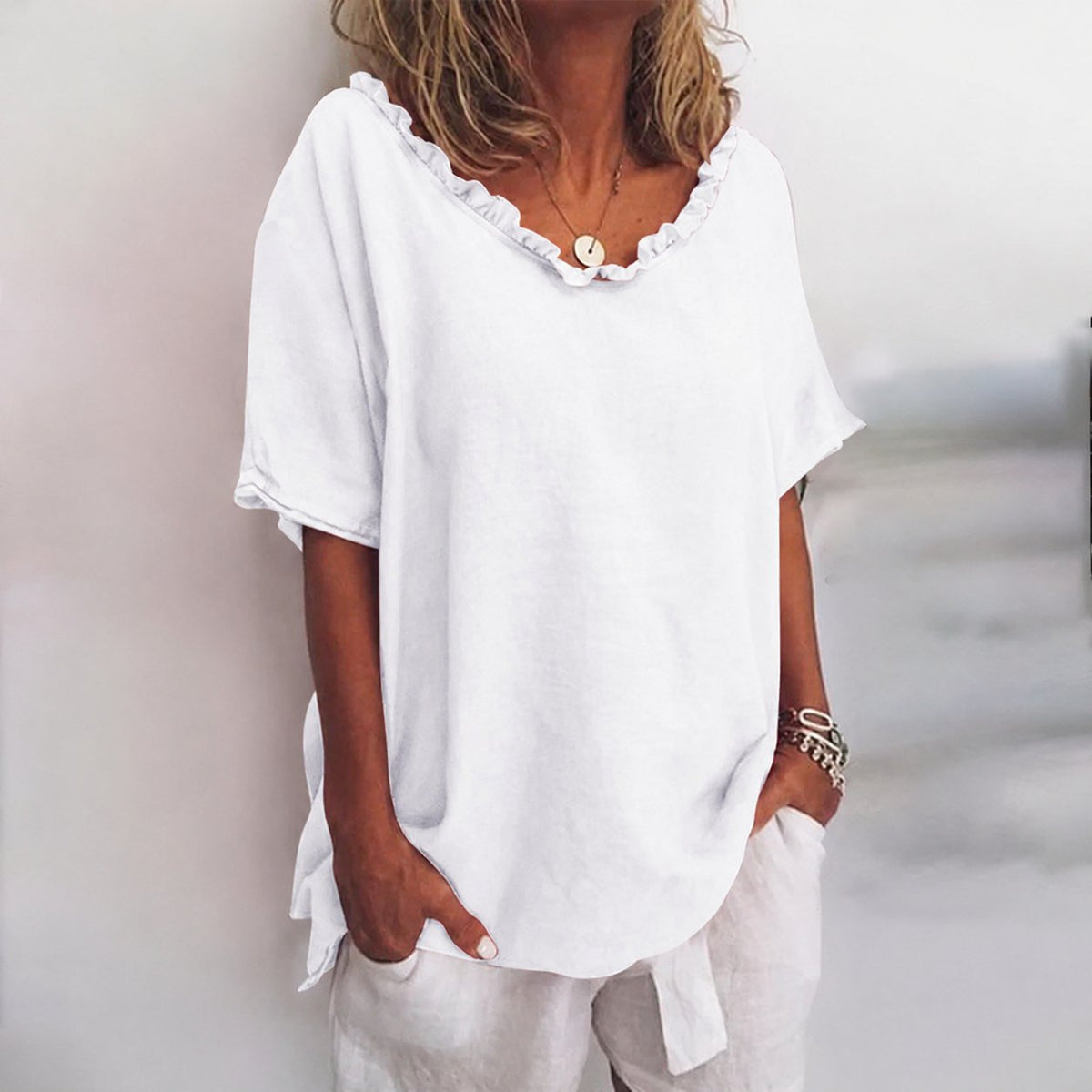 Cotton Ruffle Trim Short Sleeve Top
