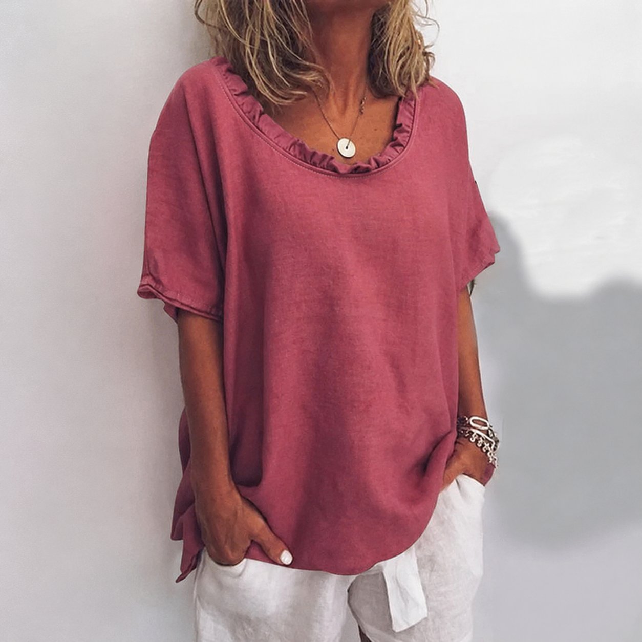 Cotton Ruffle Trim Short Sleeve Top