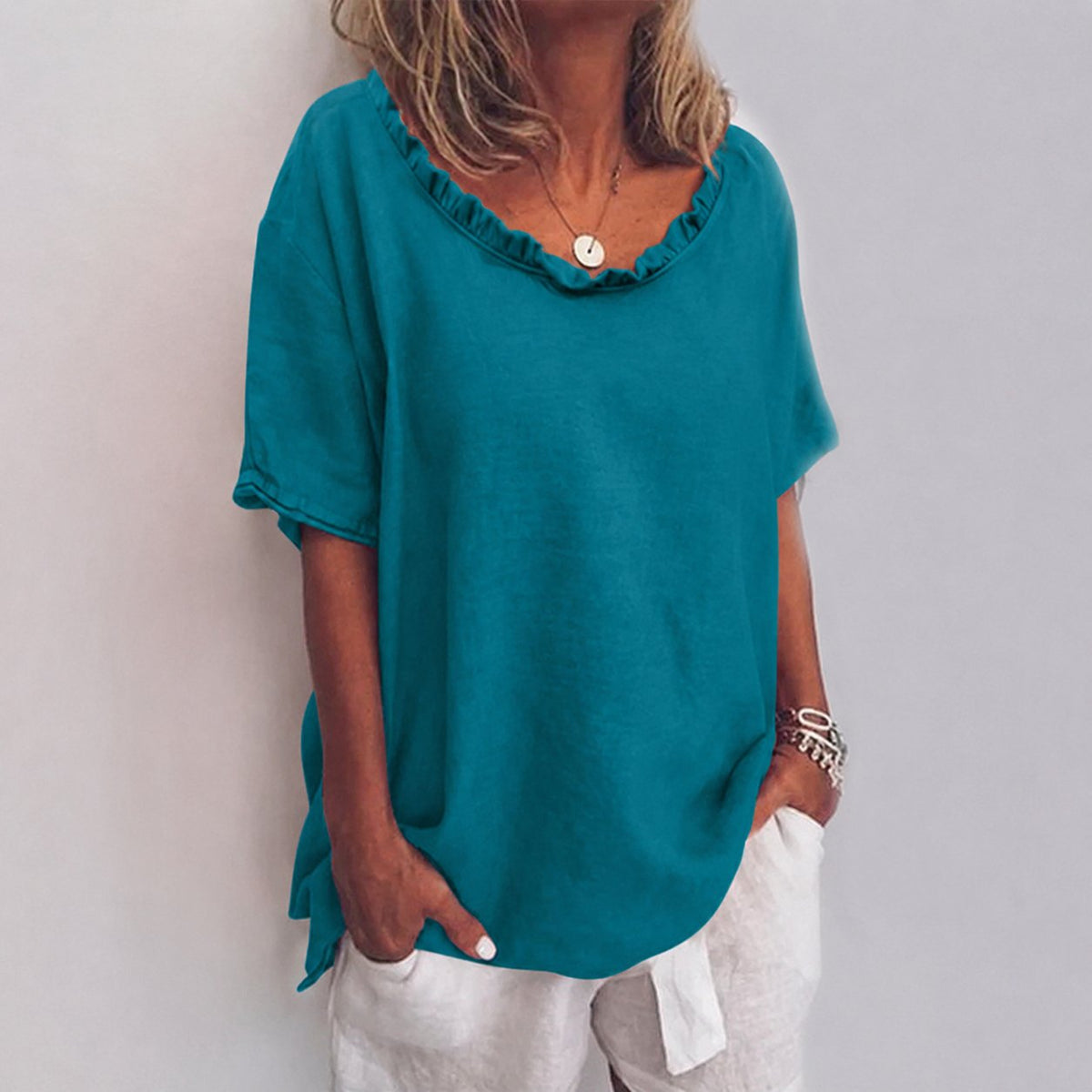 Cotton Ruffle Trim Short Sleeve Top