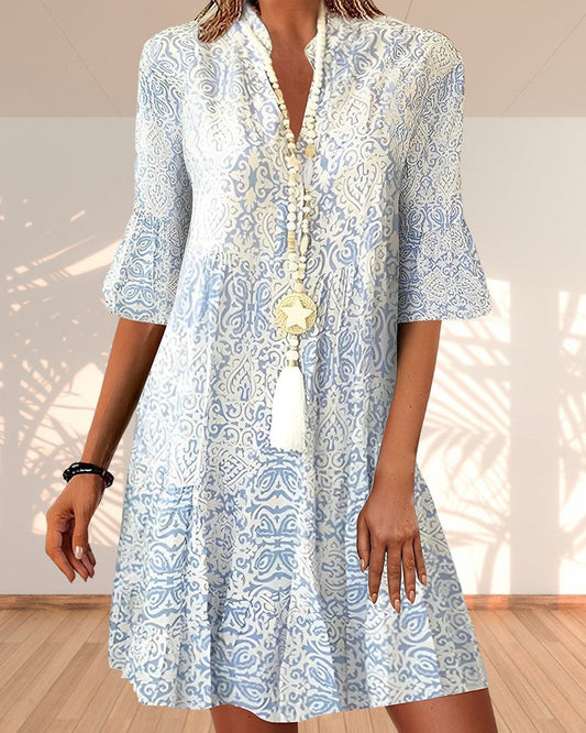 Blue Paisley A-Line Boho Tunic with Three-Quarter Sleeves