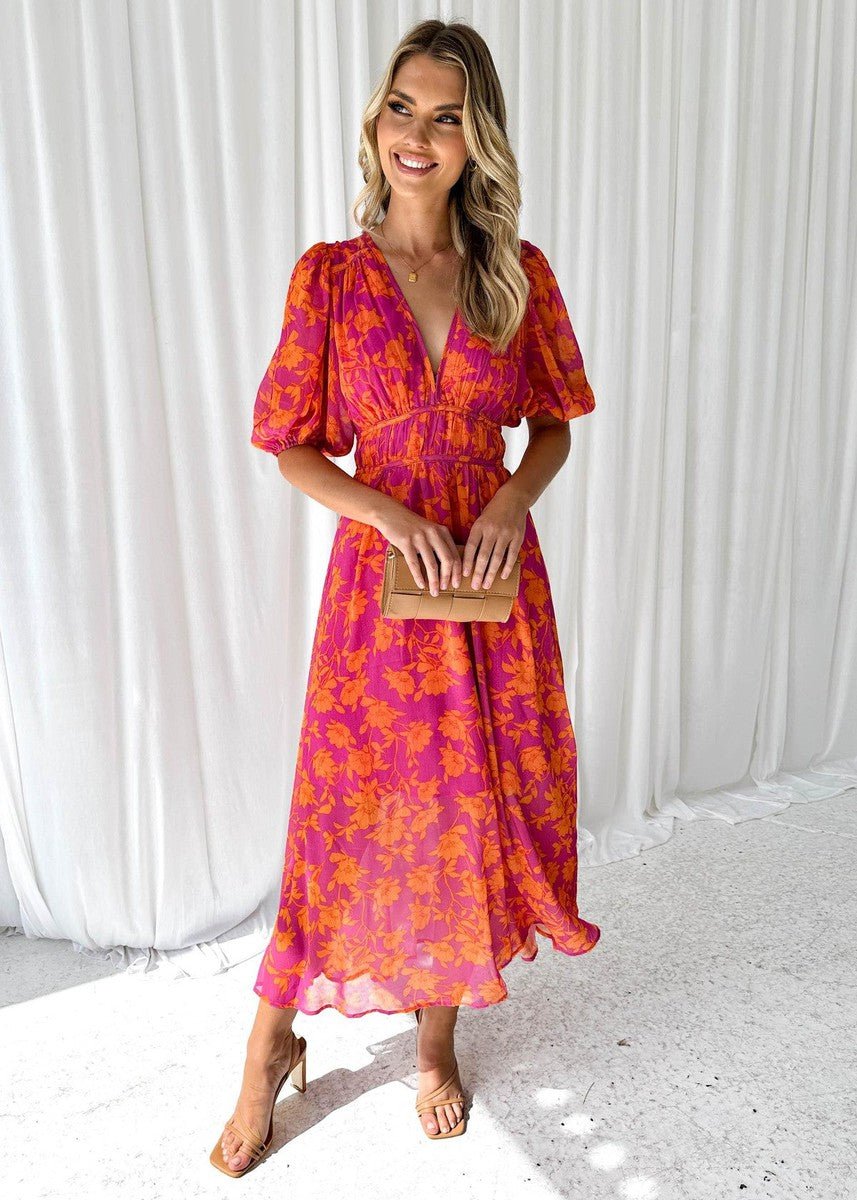 Floral V-Neck Puff Sleeve Midi Dress