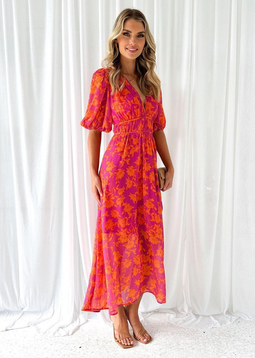 Floral V-Neck Puff Sleeve Midi Dress