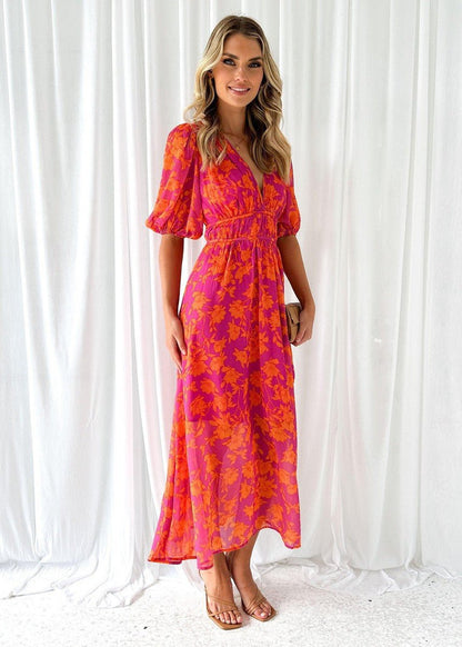 Floral V-Neck Puff Sleeve Midi Dress