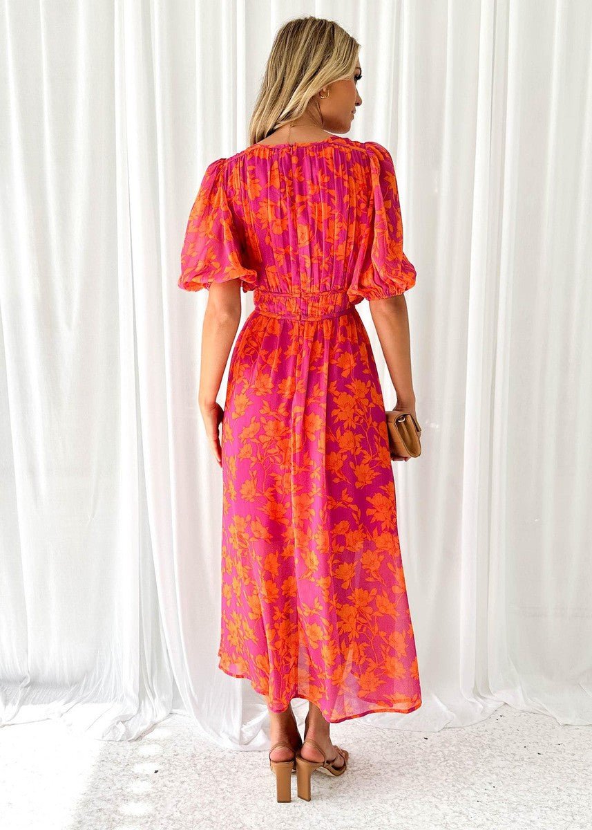 Floral V-Neck Puff Sleeve Midi Dress