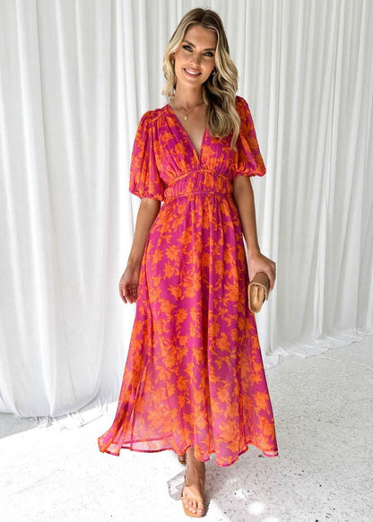 Floral V-Neck Puff Sleeve Midi Dress