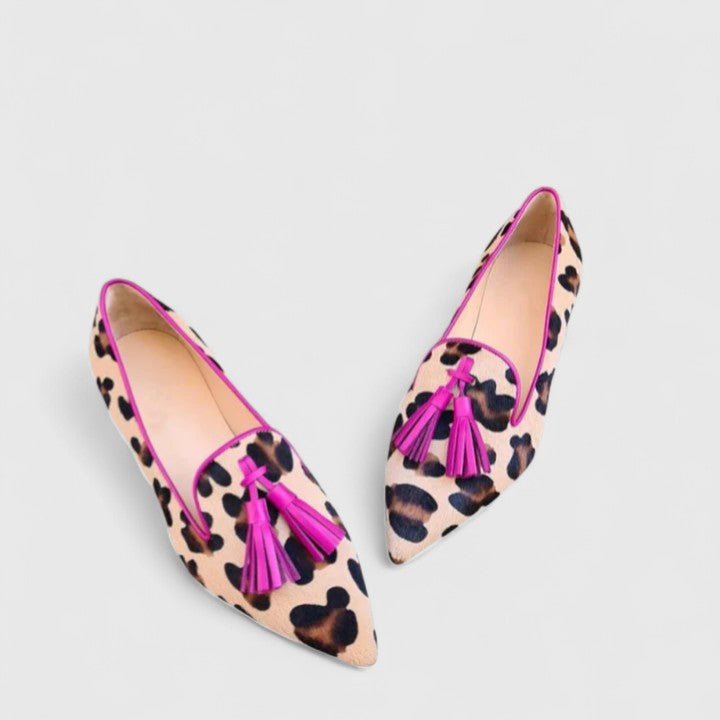 Leopard Print Pointed Loafers with Pink Tassel Trim