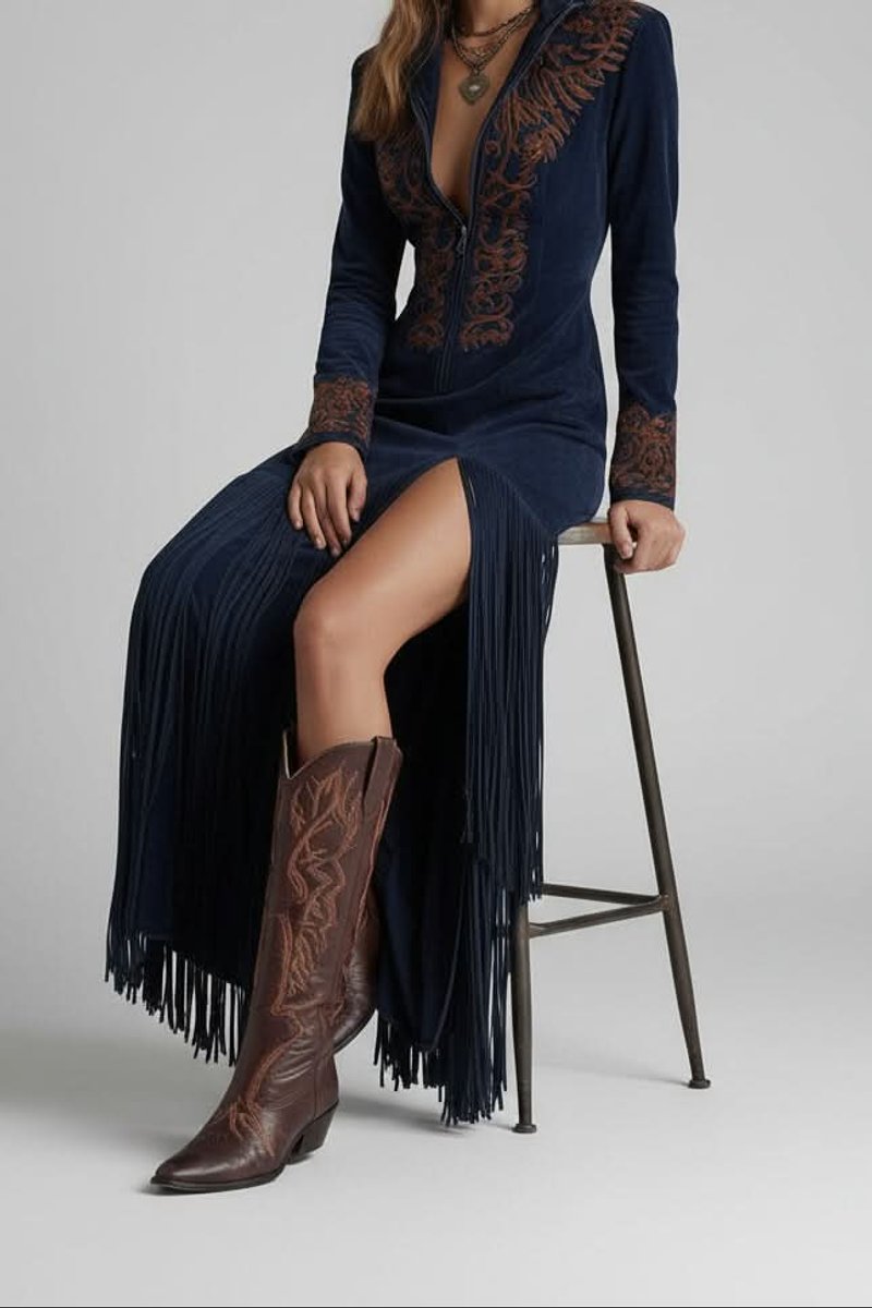 Embroidered V-Neck Maxi Dress with Tassel Hem